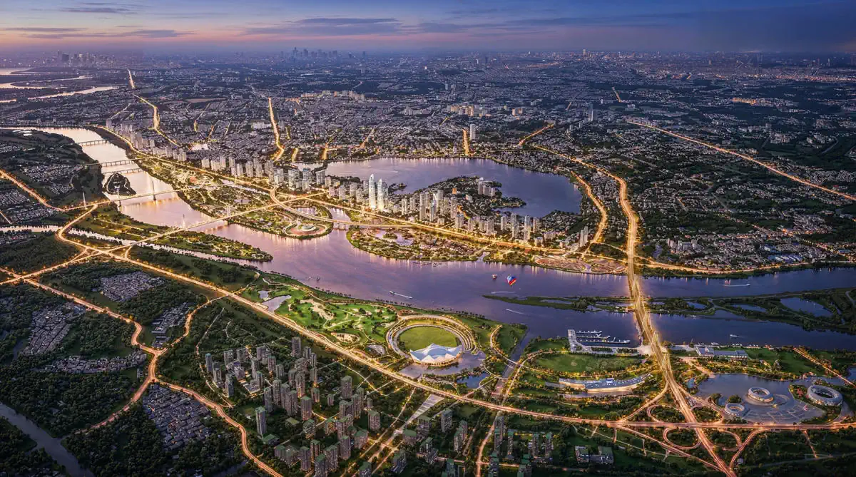 Phối cảnh trục cảnh quan sông Hồng gần Flamingo Forest City Đông Anh